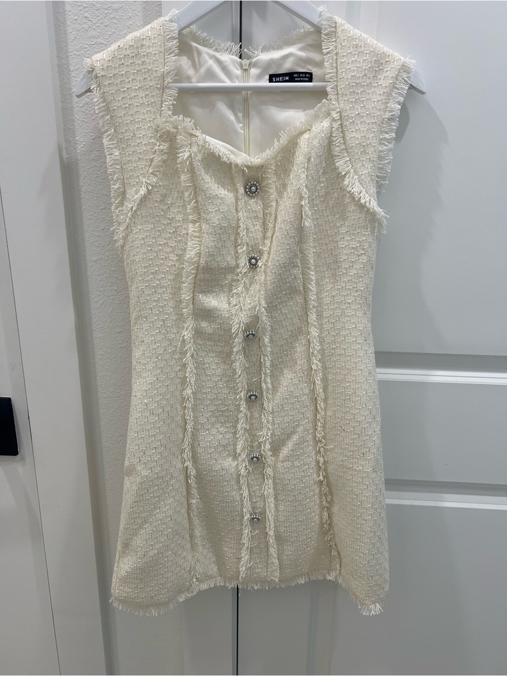 SHEIN Ivory Tweed Fringe Button-Front Crop Top